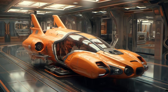 Imagem de um carro sem rodas e com turbinas de avião nas laterais.